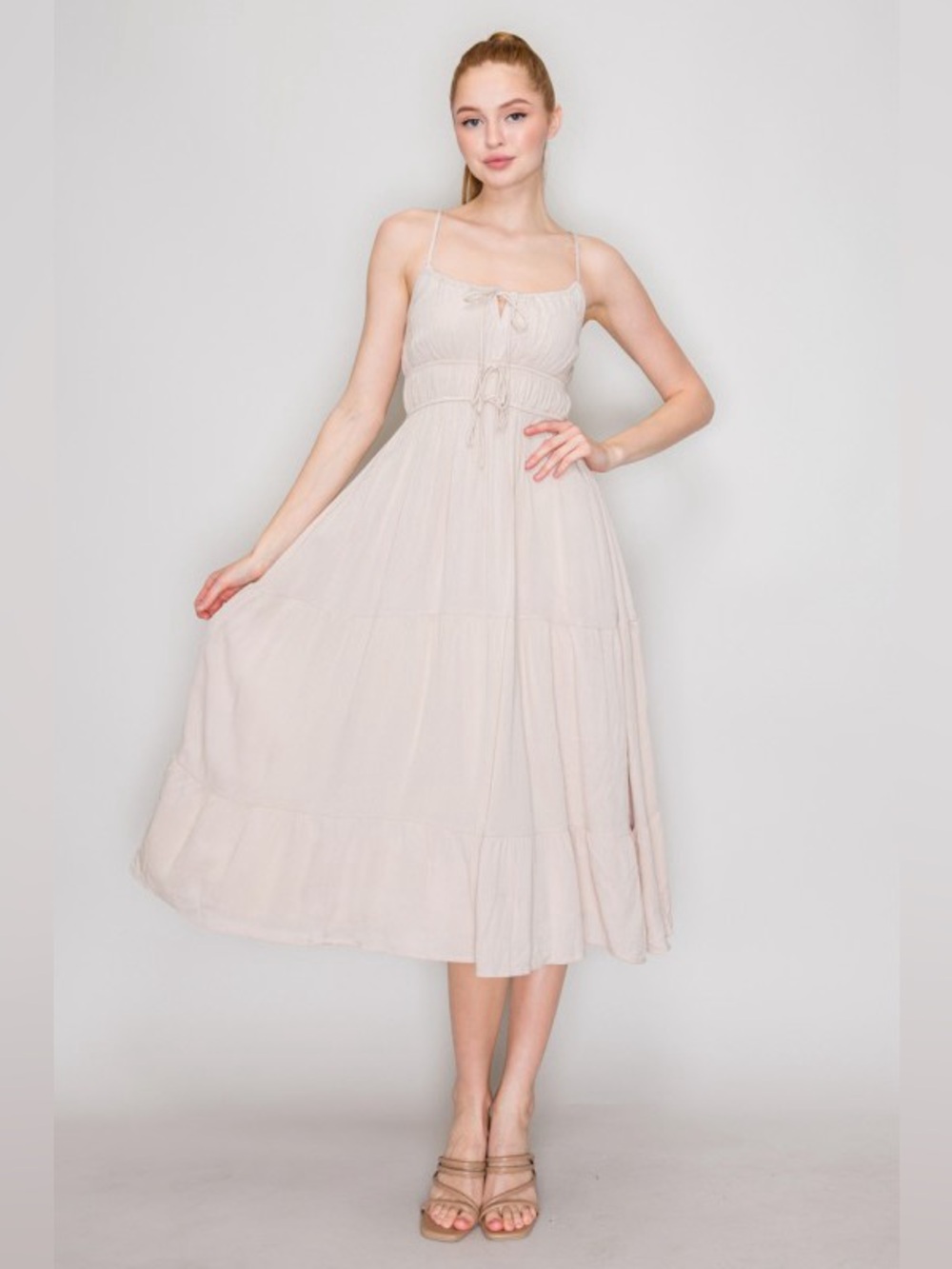 Front-tie Natural Cinched Smocking Tiered Dress